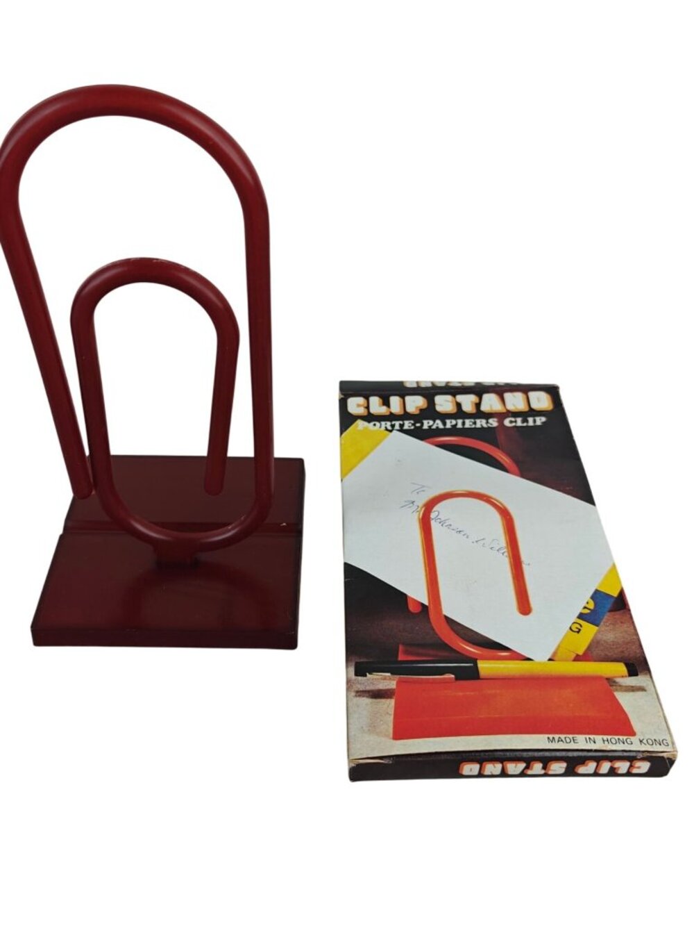 Vintage Paperclip Clip Stand Paper Envelope Holder 1980s Red Maroon Hong Kong